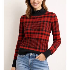 LOFT Outlet Red Black Plaid Ruffle Mock Neck Sweater Small Holidays Preppy